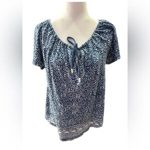 Lucky Brand Boho Cotton Top Blue &White With Drawstring Close Women’s Large
